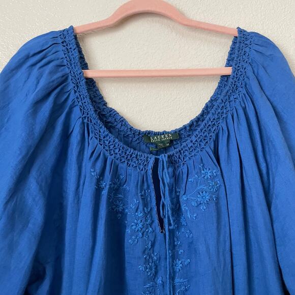 Lauren Ralph Lauren Top Womens 3X BlueLinen Floral Embroidered Tunic Boho - Picture 4 of 11